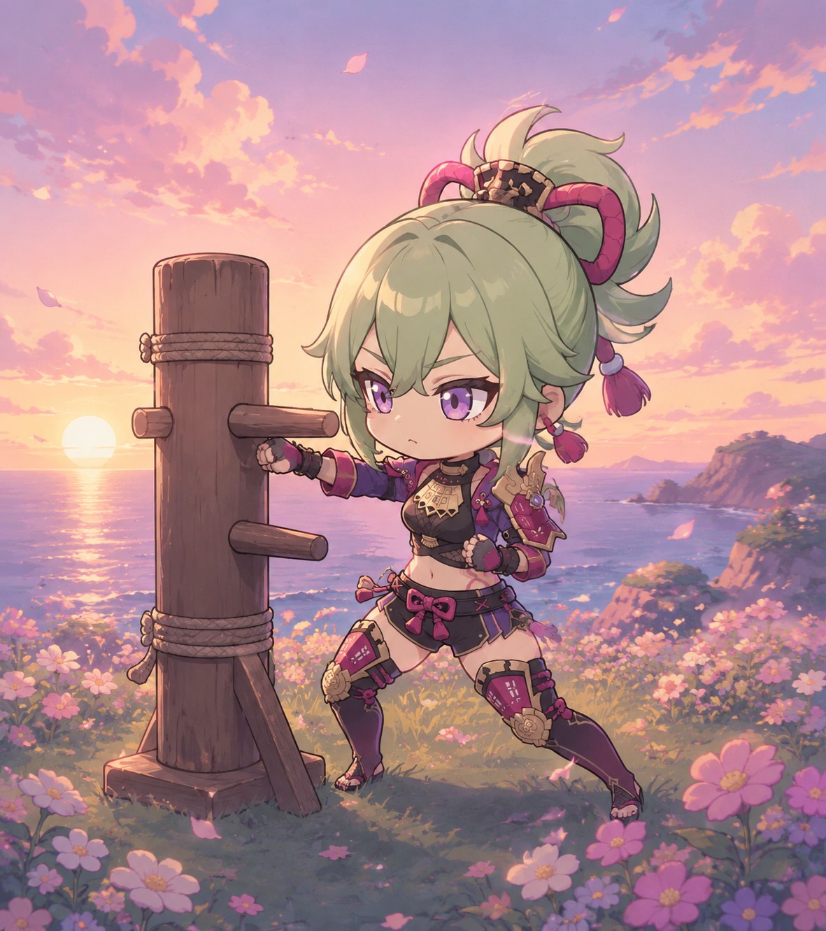 Practicing precision strikes on a wooden dummy On a flowery hill overlooking the sea at dusk (cute chibi style, pastel palette)