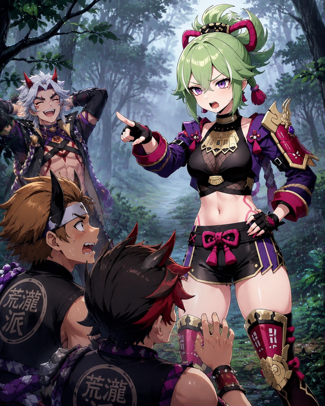 Scolding the boisterous arataki gang members In a misty forest during a light drizzle (vibrant cel-shaded anime, high saturation)