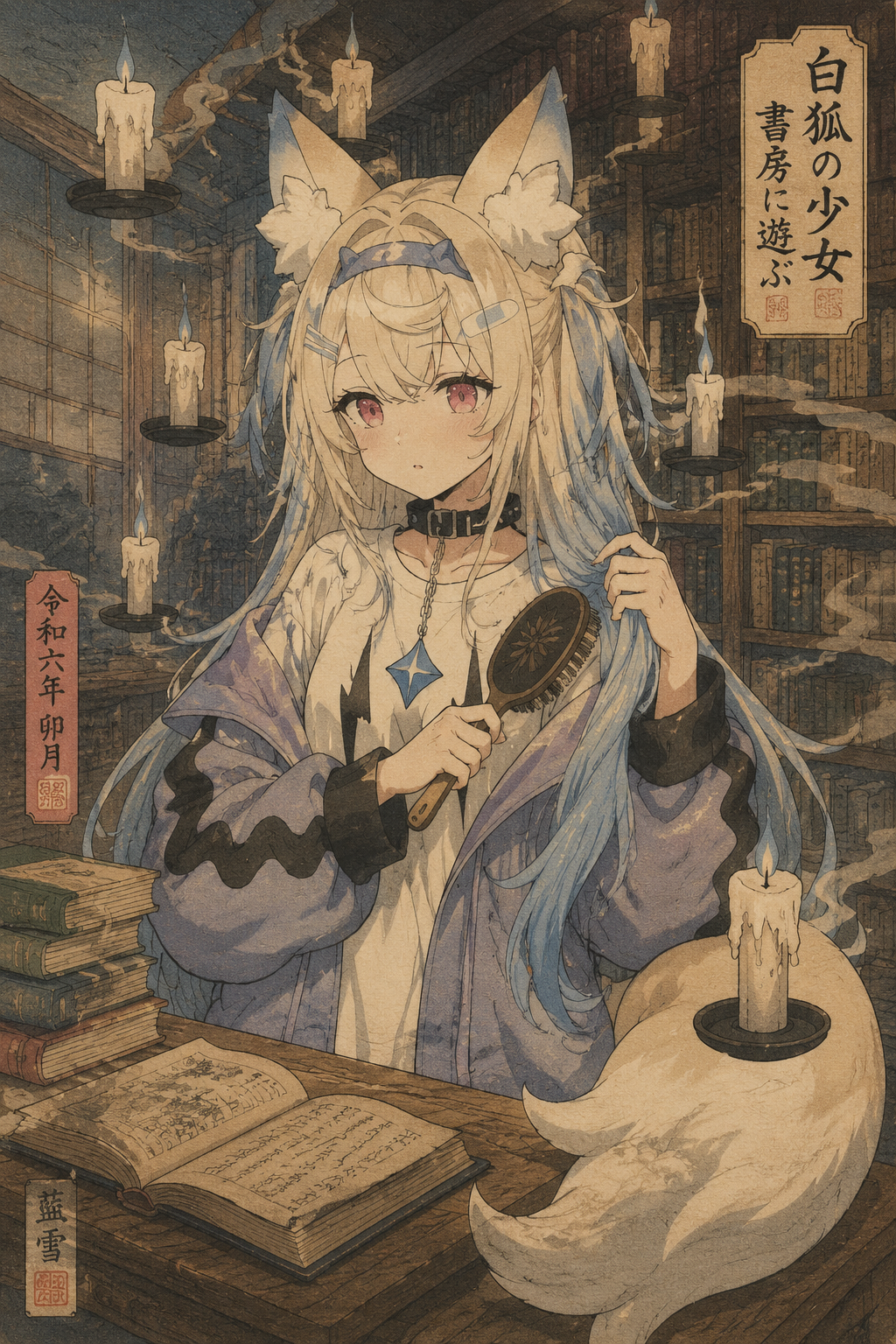 Gently brushing her long blue hair In a cozy library with floating candles (ethereal ukiyo-e woodblock print)