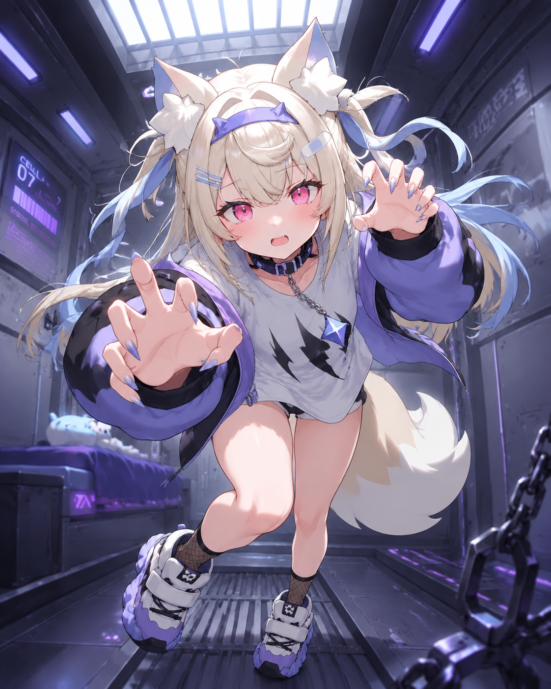 Pouncing playfully toward the camera In a futuristic sci-fi detention cell (vibrant cel-shaded anime style)