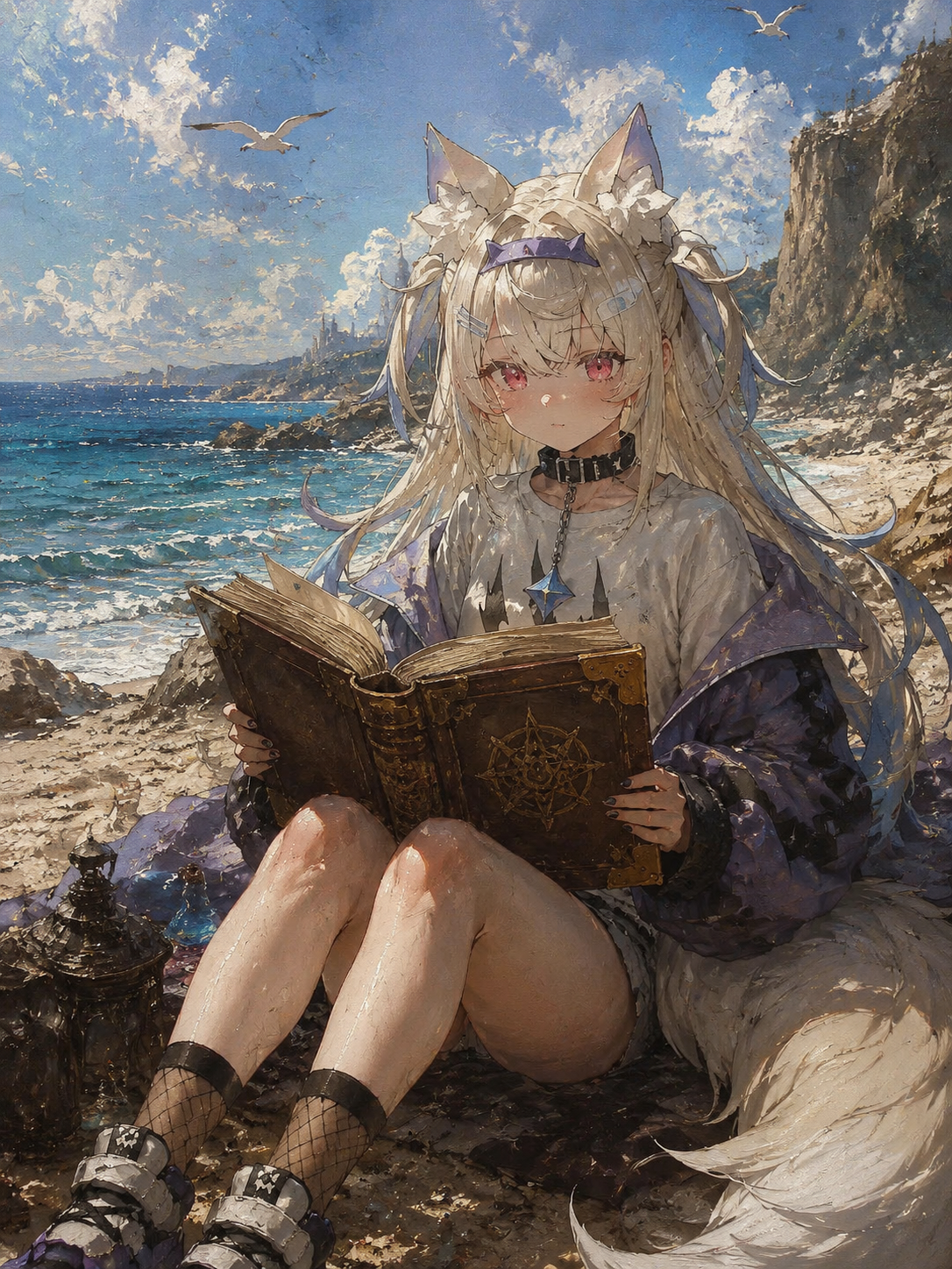 Reading a thick leather-bound grimoire On a sunny beach beside a sparkling ocean (gritty dark fantasy oil painting)