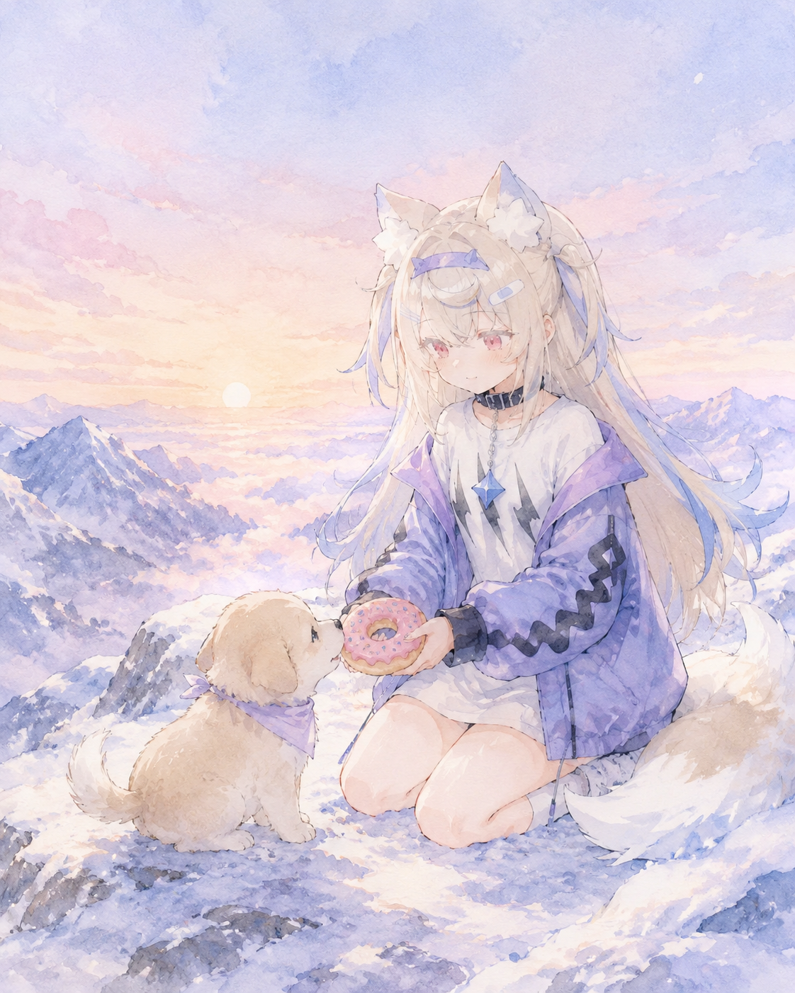 Sharing a sweet donut with a puppy On a snowy mountain peak at dawn (soft watercolor wash with pastel tones)