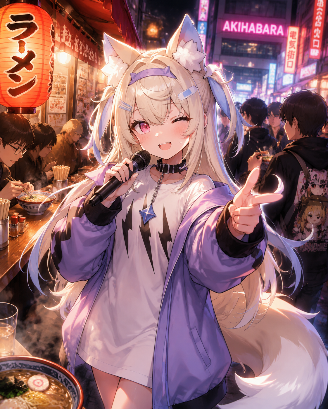 Teasingly winking while holding a microphone At a crowded ramen stall in Akihabara (dynamic cinematic lighting with neon accents)