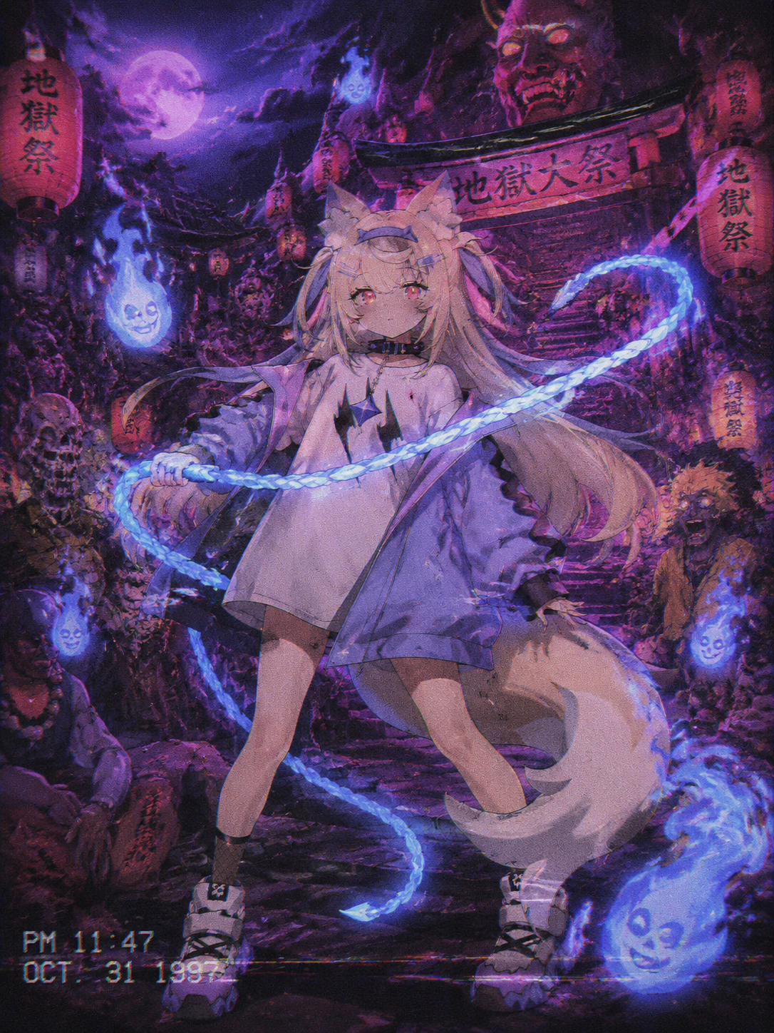Wielding a glowing blue spectral whip At a chaotic underworld festival (retro 90s aesthetic with grain)