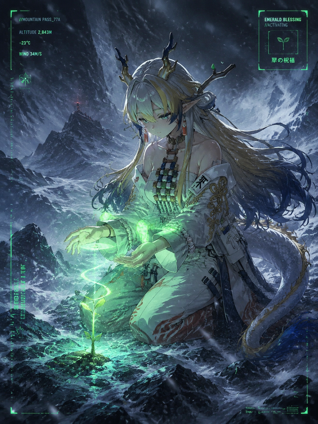 Blessing a tiny sprout with emerald energy At a dangerous mountain pass during a blizzard (sleek futuristic concept art, neon highlights)