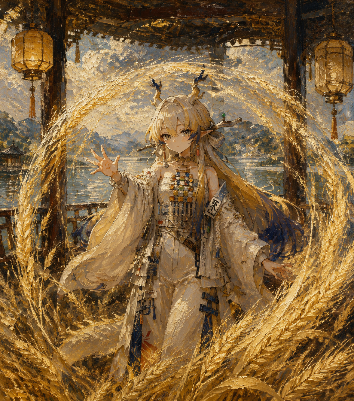 Casting a protective barrier of golden wheat At a serene lakeside gazebo with hanging lanterns (gritty oil painting, visible impasto textures)