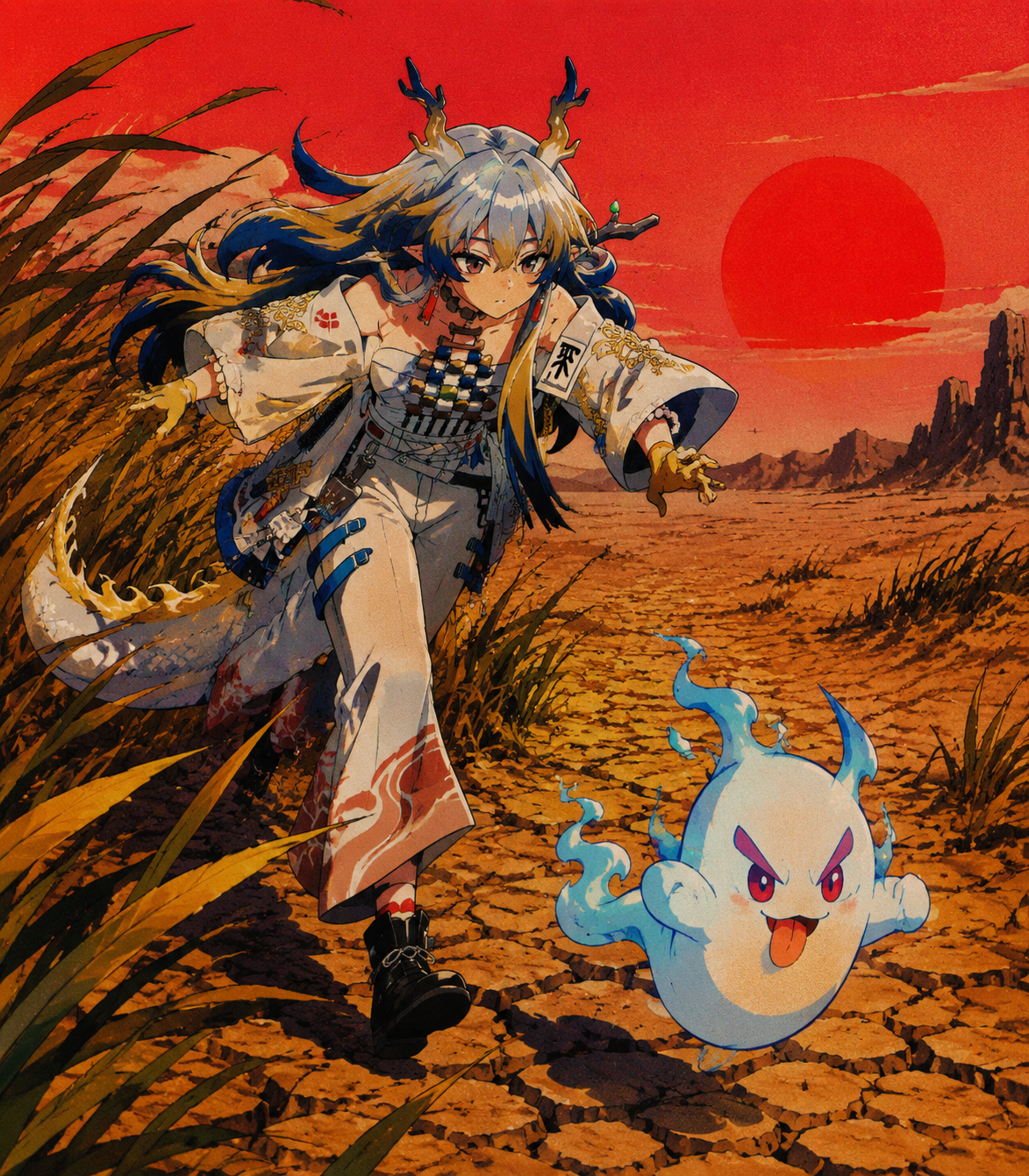 Chasing a mischievous spirit through the tall grass On a desolate parched earth under a red sun (retro 90s cel-shaded aesthetic, vibrant colors)