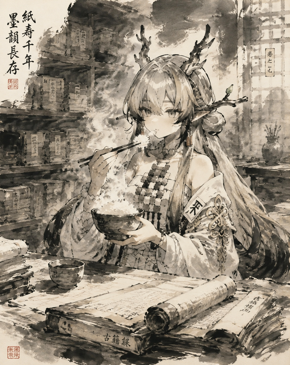 Eating a hot bowl of steaming rice In a quiet archive room smelling of old paper (traditional sumi-e ink wash, fluid brushstrokes)