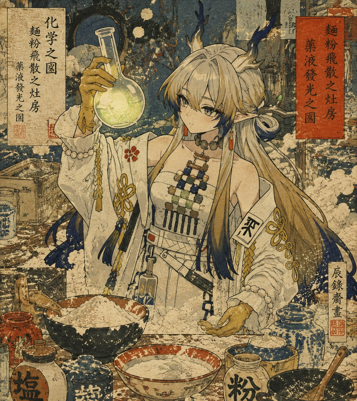 Inspecting a glowing chemical solution in a flask In a messy kitchen filled with flour dust (classic ukiyo-e woodblock print, intricate patterns)