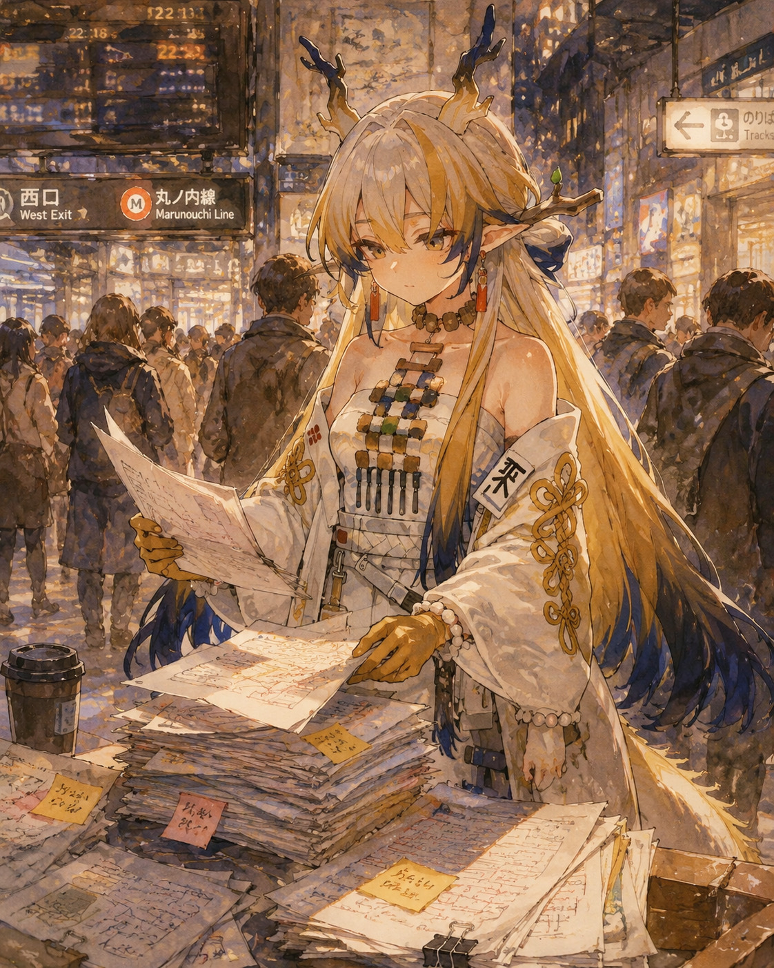 Organizing a messy stack of research papers In a crowded metropolitan subway station at night (soft watercolor anime, warm golden hour lighting)