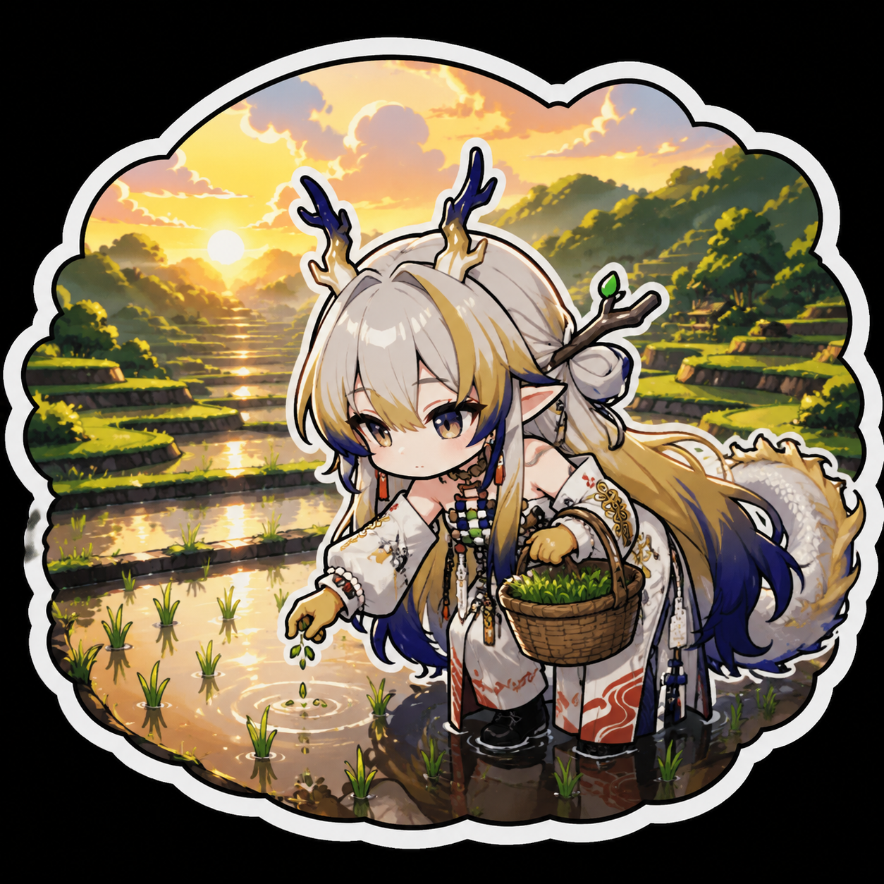 Sowing rice seeds into the rich dark soil At a flooded terraced rice field during sunrise (adorable chibi art, thick lines and stickers)
