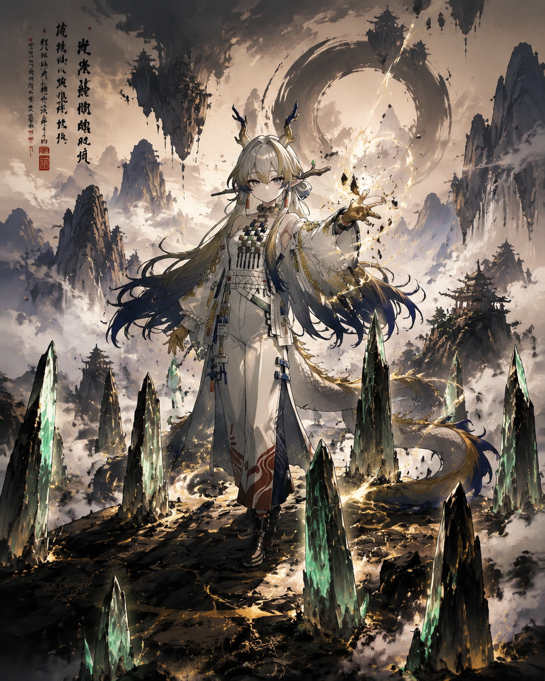 Summoning jagged jade pillars from the ground On a mystical plane of floating ink mountains (cinematic fantasy, epic scale and dramatic shadows)