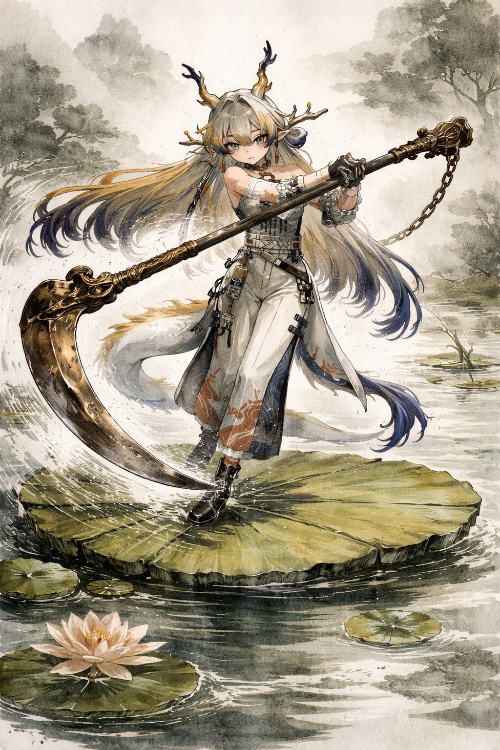 Swinging a heavy bronze scythe through the air On a giant lily pad floating in a pond (traditional sumi-e ink wash, fluid brushstrokes)