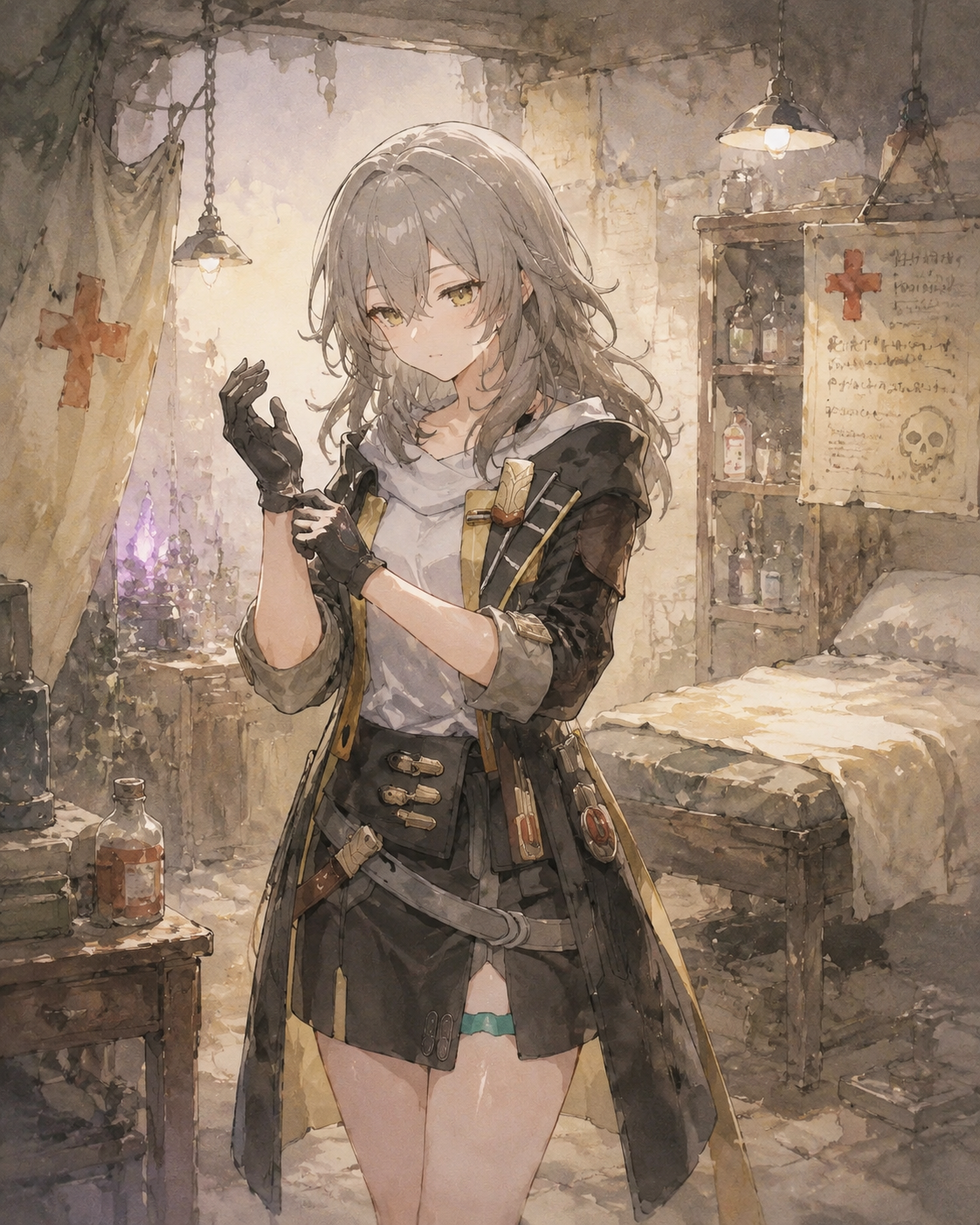 Adjusting her gloves before a fight In a dusty underground clinic in the Underworld (soft watercolor painting, whimsical atmosphere)