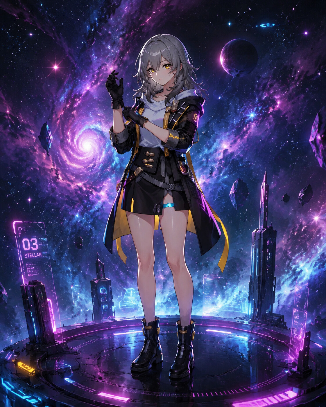 Adjusting her gloves before a fight on a floating platform amidst a cosmic nebula (futuristic techwear style)
