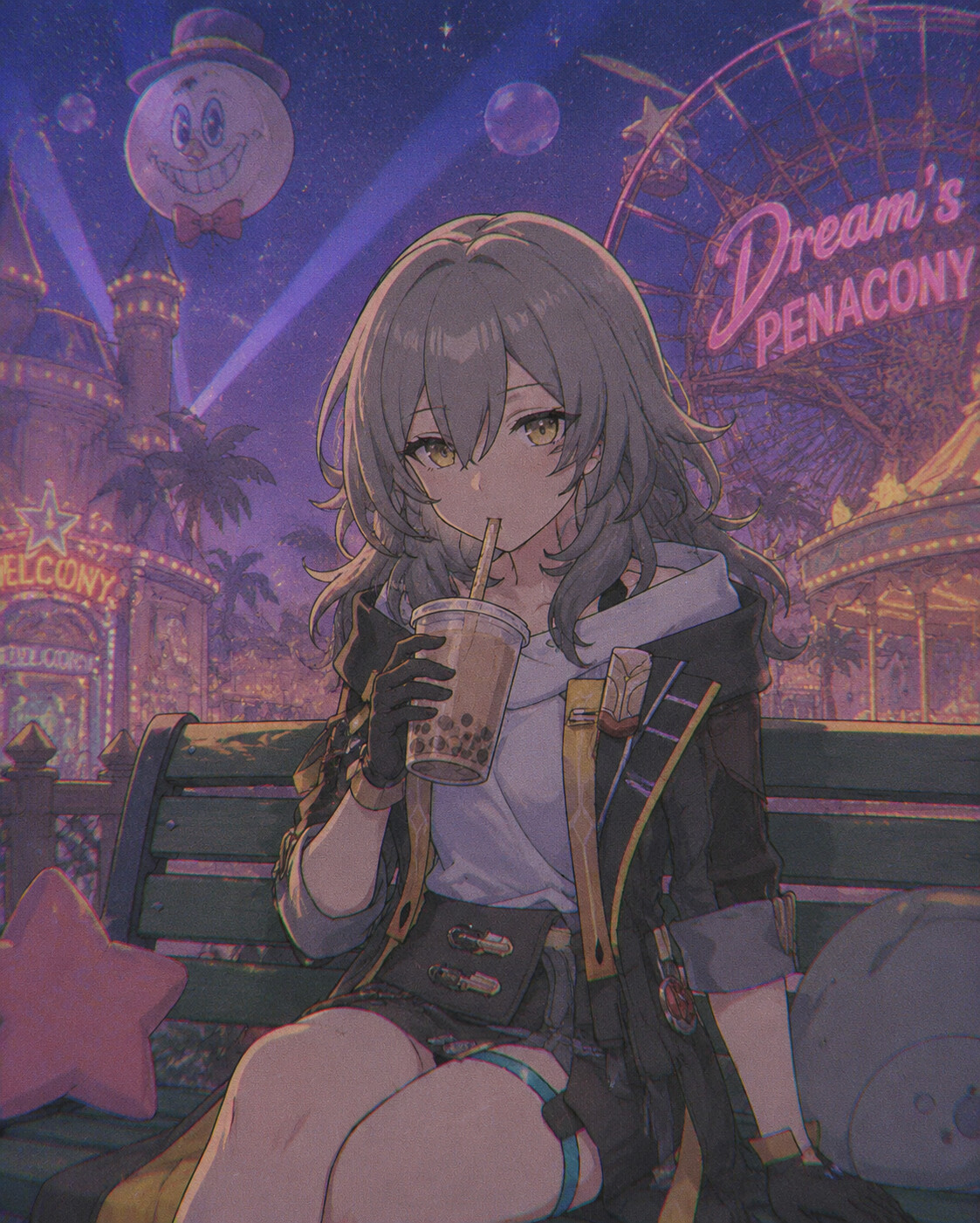 Drinking bubble tea with a blank stare at a dreamlike amusement park in Penacony (90s retro anime style)