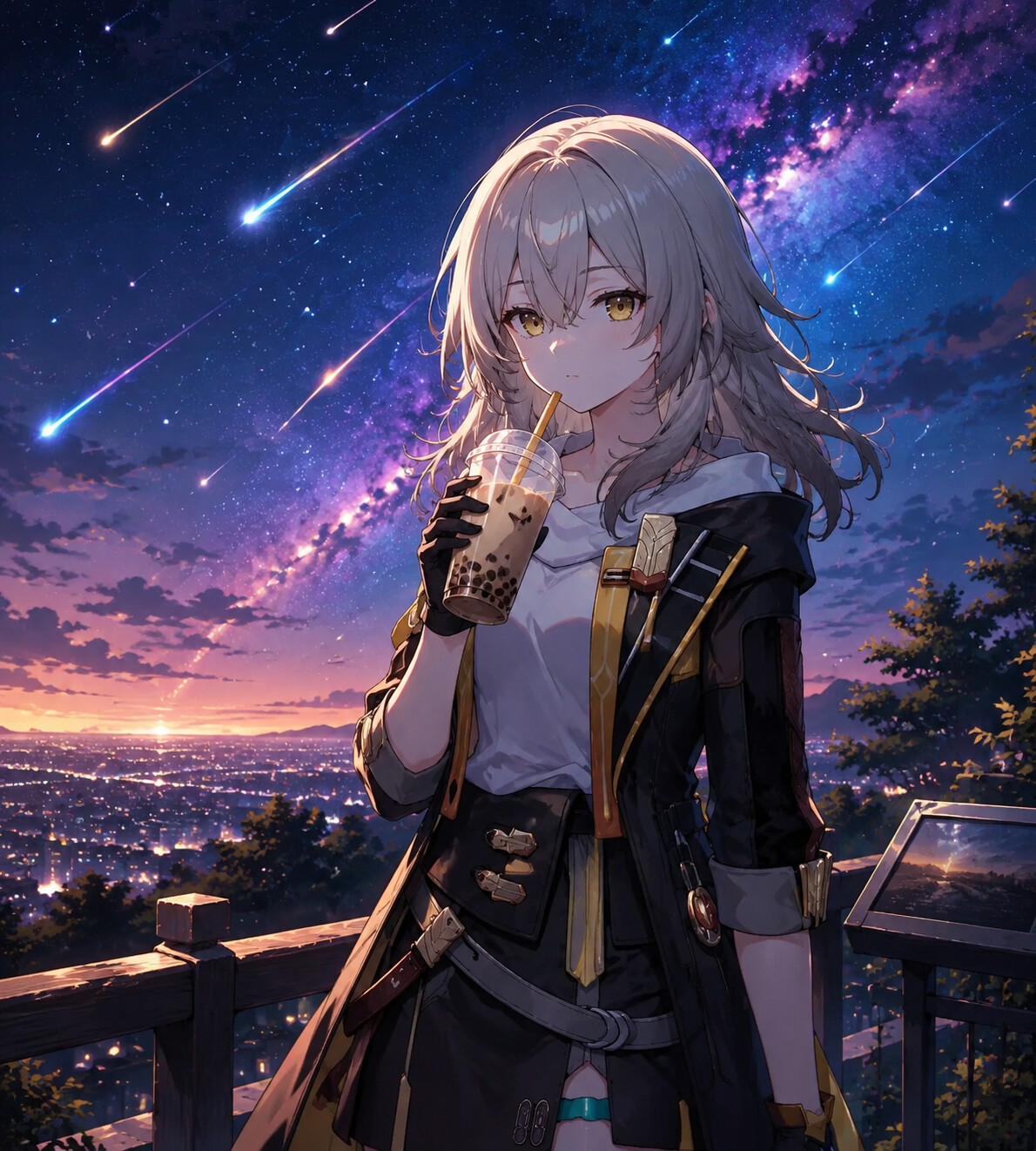 Drinking bubble tea with a blank stare at a quiet overlook during a meteor shower (vibrant anime art)