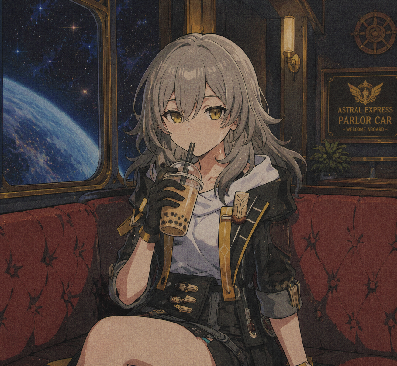 Drinking bubble tea with a blank stare In the parlor car of the Astral Express (90s retro anime style, grainy texture)