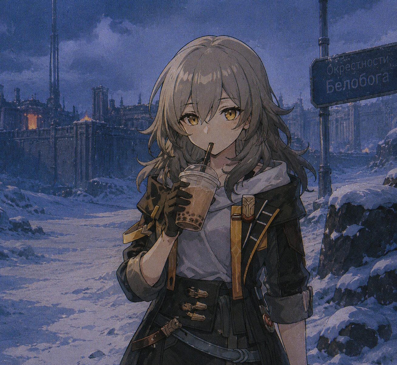 Drinking bubble tea with a blank stare on the icy outskirts of Belobog (90s retro anime style)