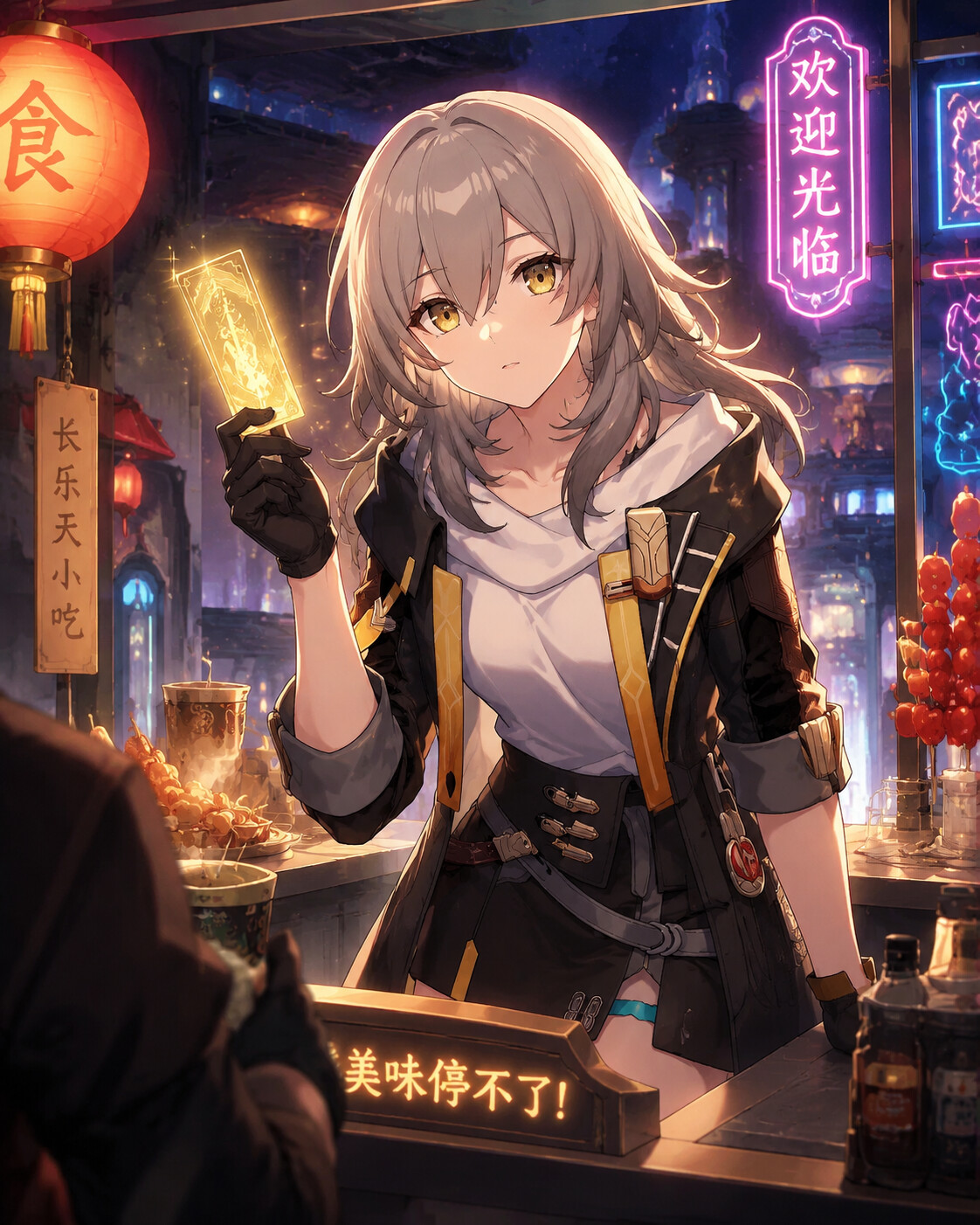 Holding a glowing golden ticket at a neon-lit snack stall in Xianzhou Luofu (vibrant anime art)