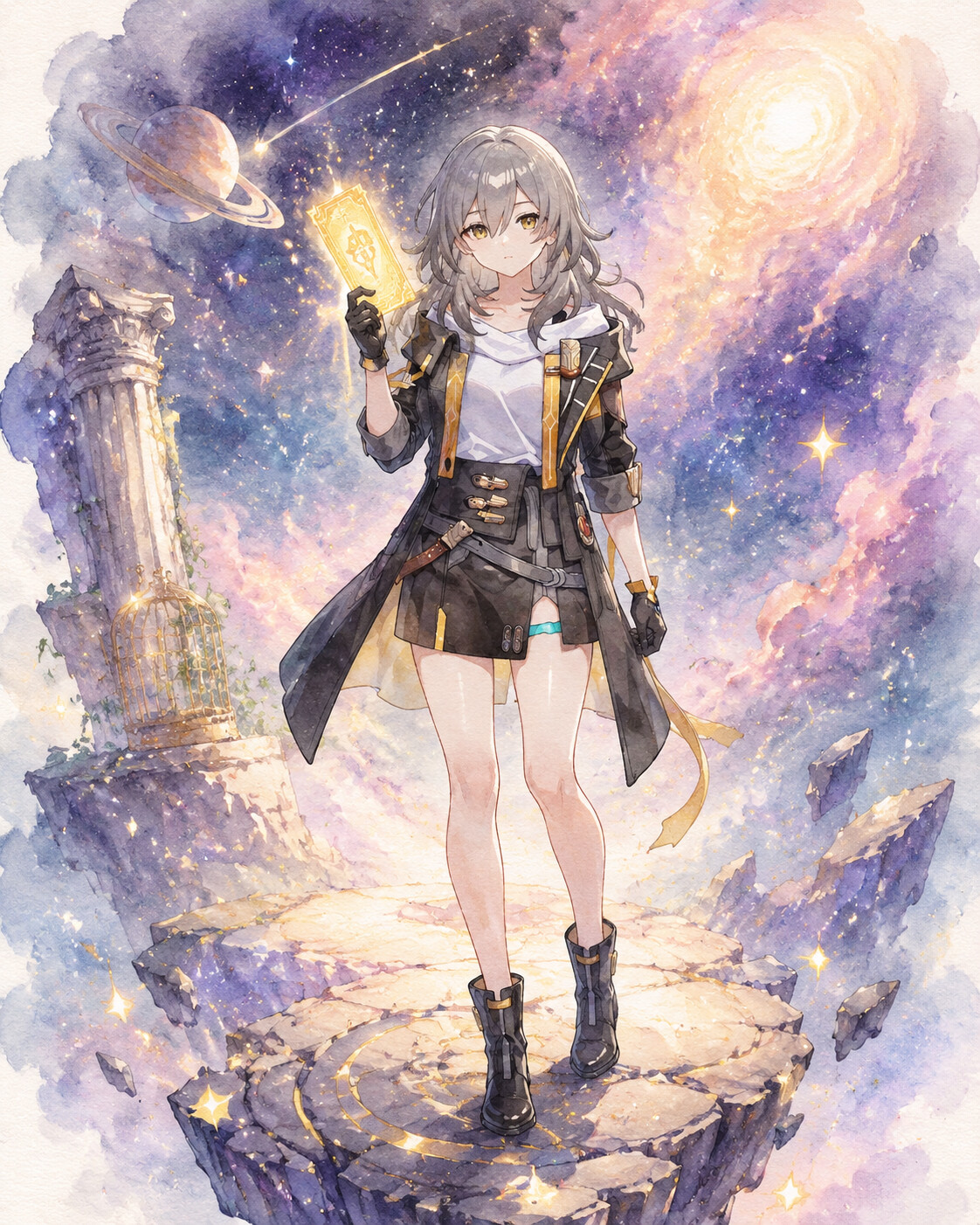 Holding a glowing golden ticket on a floating platform amidst a cosmic nebula (soft watercolor painting)