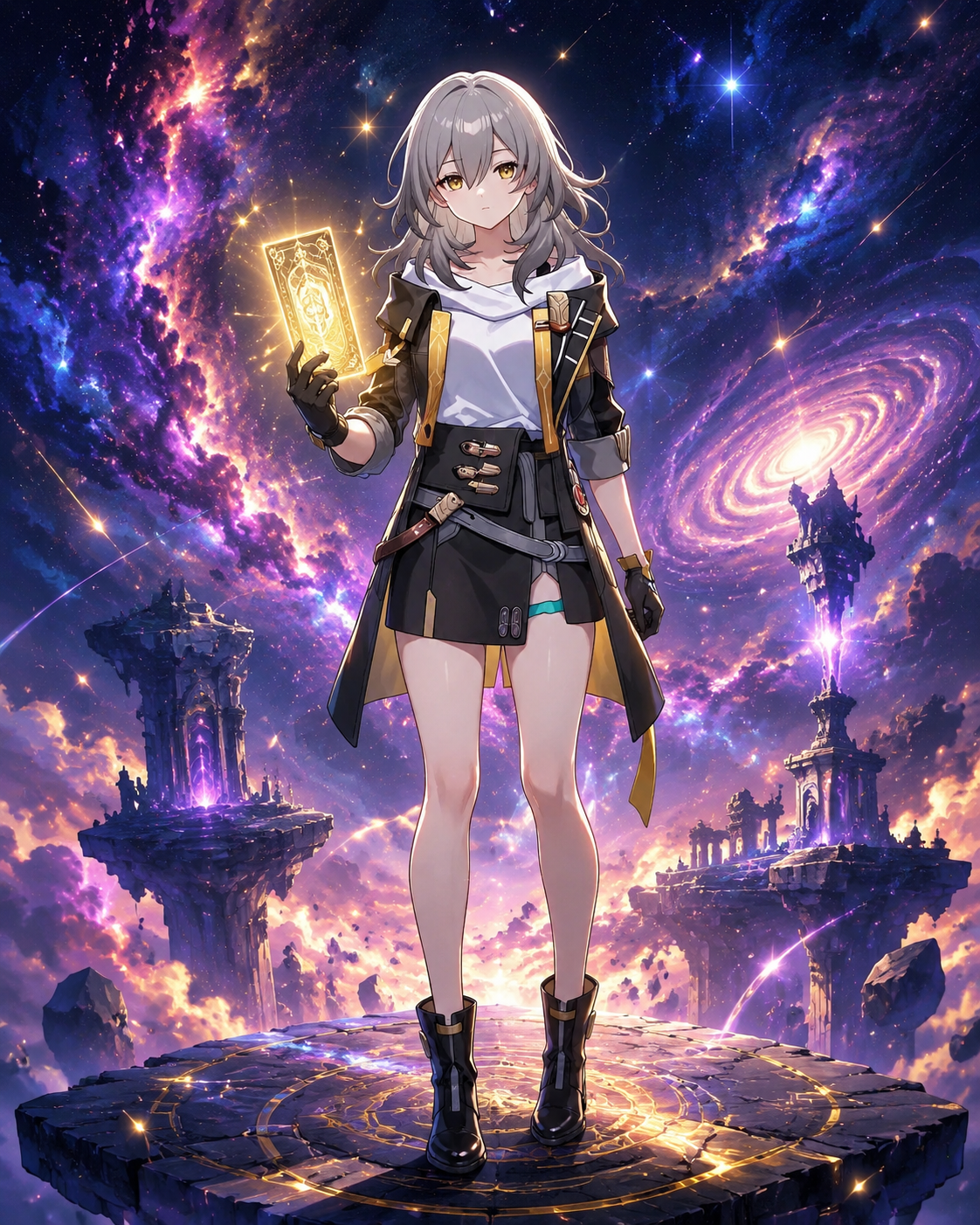 Holding a glowing golden ticket On a floating platform amidst a cosmic nebula (vibrant anime art, cinematic lighting)