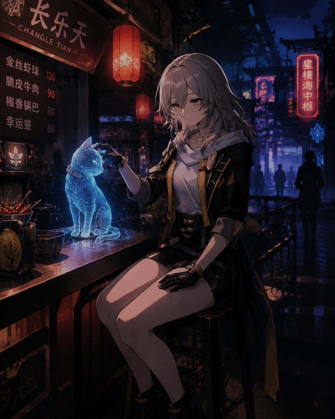 Petting a holographic cat At a neon-lit snack stall in Xianzhou Luofu (dark noir aesthetic, sharp shadows)