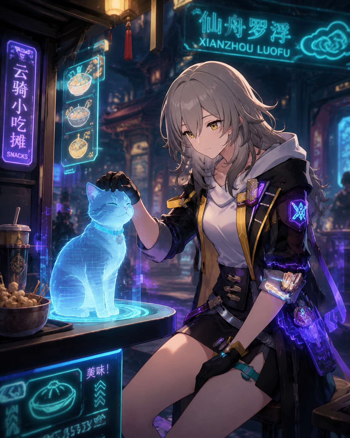 Petting a holographic cat At a neon-lit snack stall in Xianzhou Luofu (futuristic techwear style, neon accents)