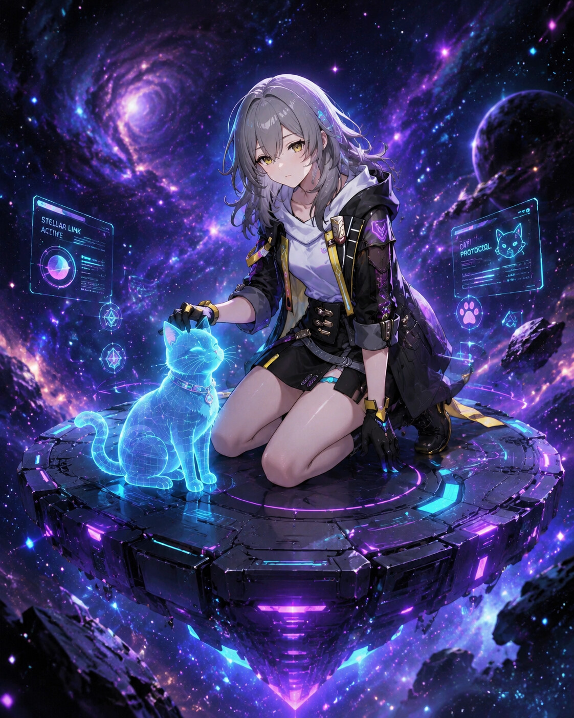 Petting a holographic cat on a floating platform amidst a cosmic nebula (futuristic techwear style)