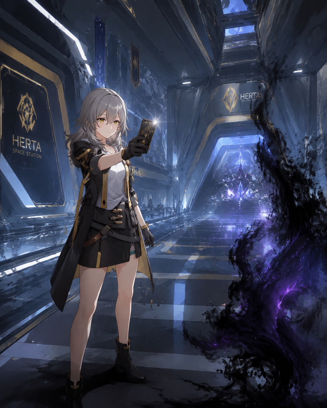 Pointing her phone at something strange In a high-tech Herta Space Station corridor (high-detail digital concept art, epic scale)