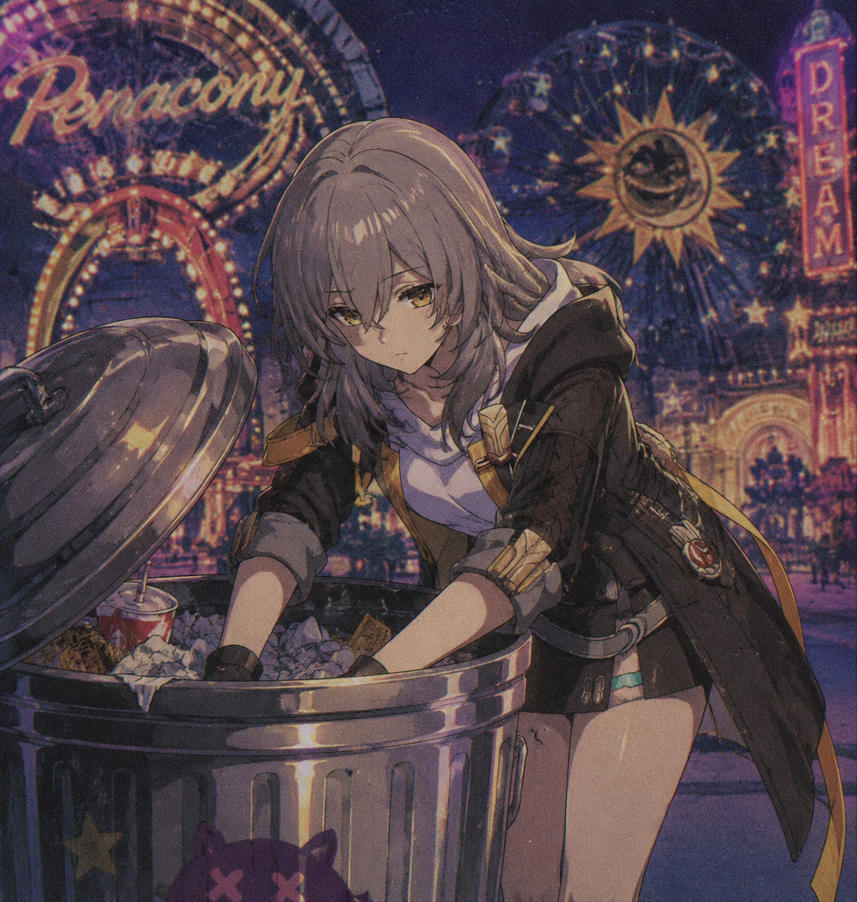 Rummaging through a shiny trash can At a dreamlike amusement park in Penacony (90s retro anime style, grainy texture)