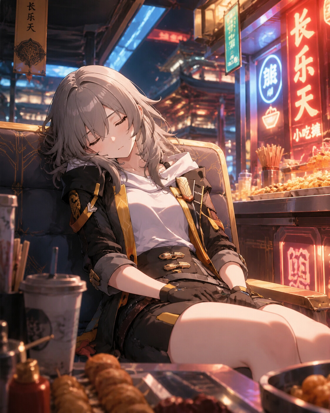 Sleeping on a train passenger seat at a neon-lit snack stall in Xianzhou Luofu (vibrant anime art)