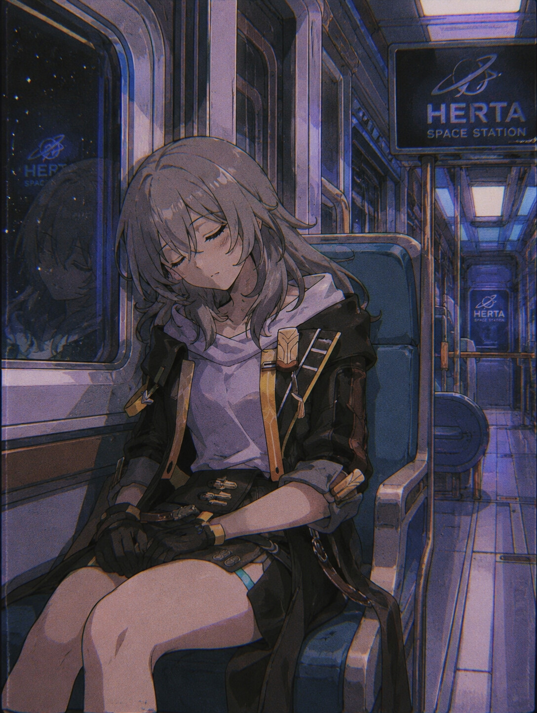 Sleeping on a train passenger seat in a high-tech Herta Space Station corridor (90s retro anime style)