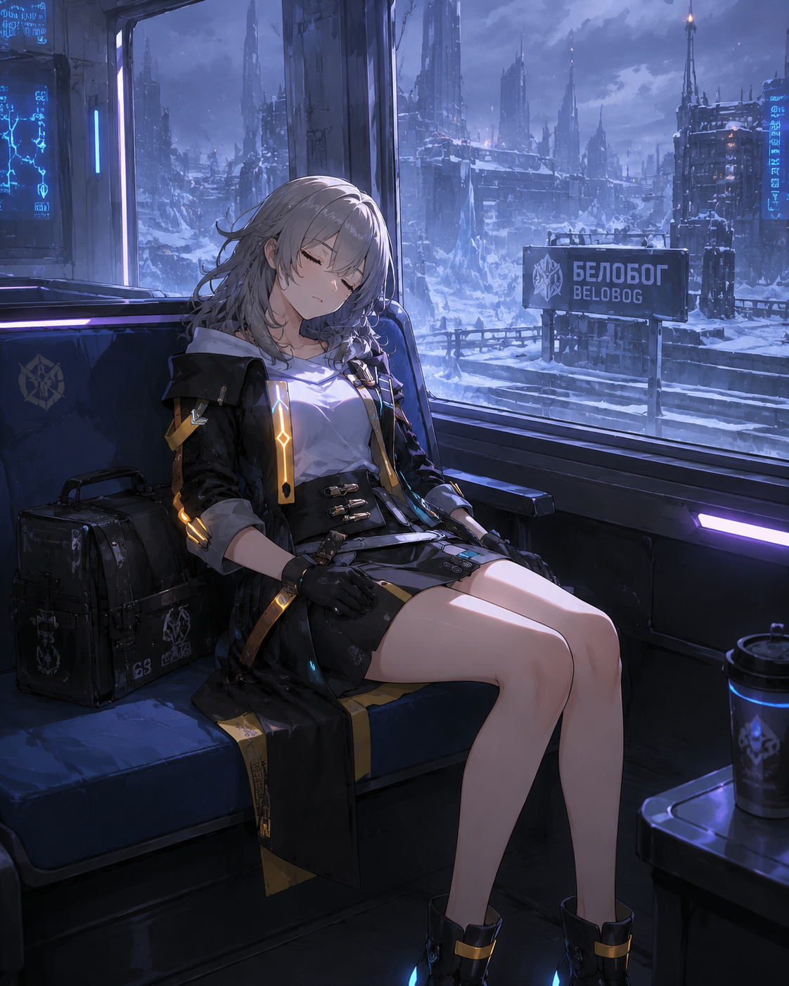 Sleeping on a train passenger seat On the icy outskirts of Belobog (futuristic techwear style, neon accents)