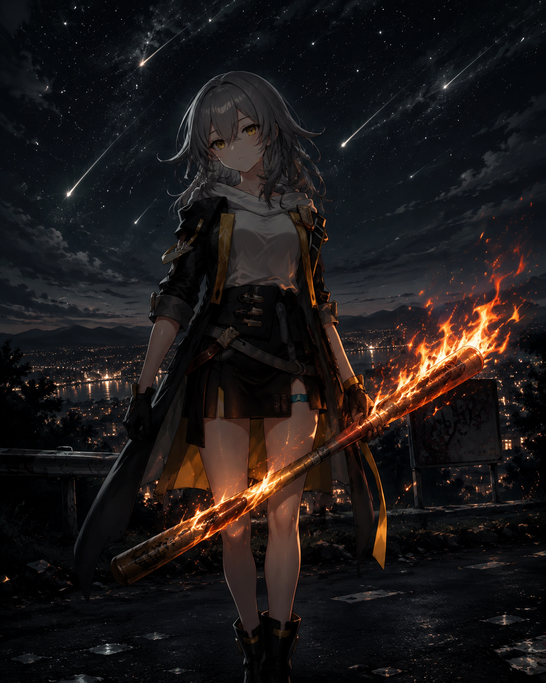 Wielding a flaming baseball bat At a quiet overlook during a meteor shower (dark noir aesthetic, sharp shadows)