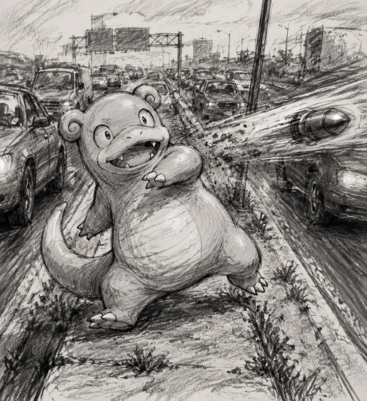 Accidentally dodging a high-speed projectile On a busy highway median during rush hour (charcoal sketch with rough hand-drawn textures)