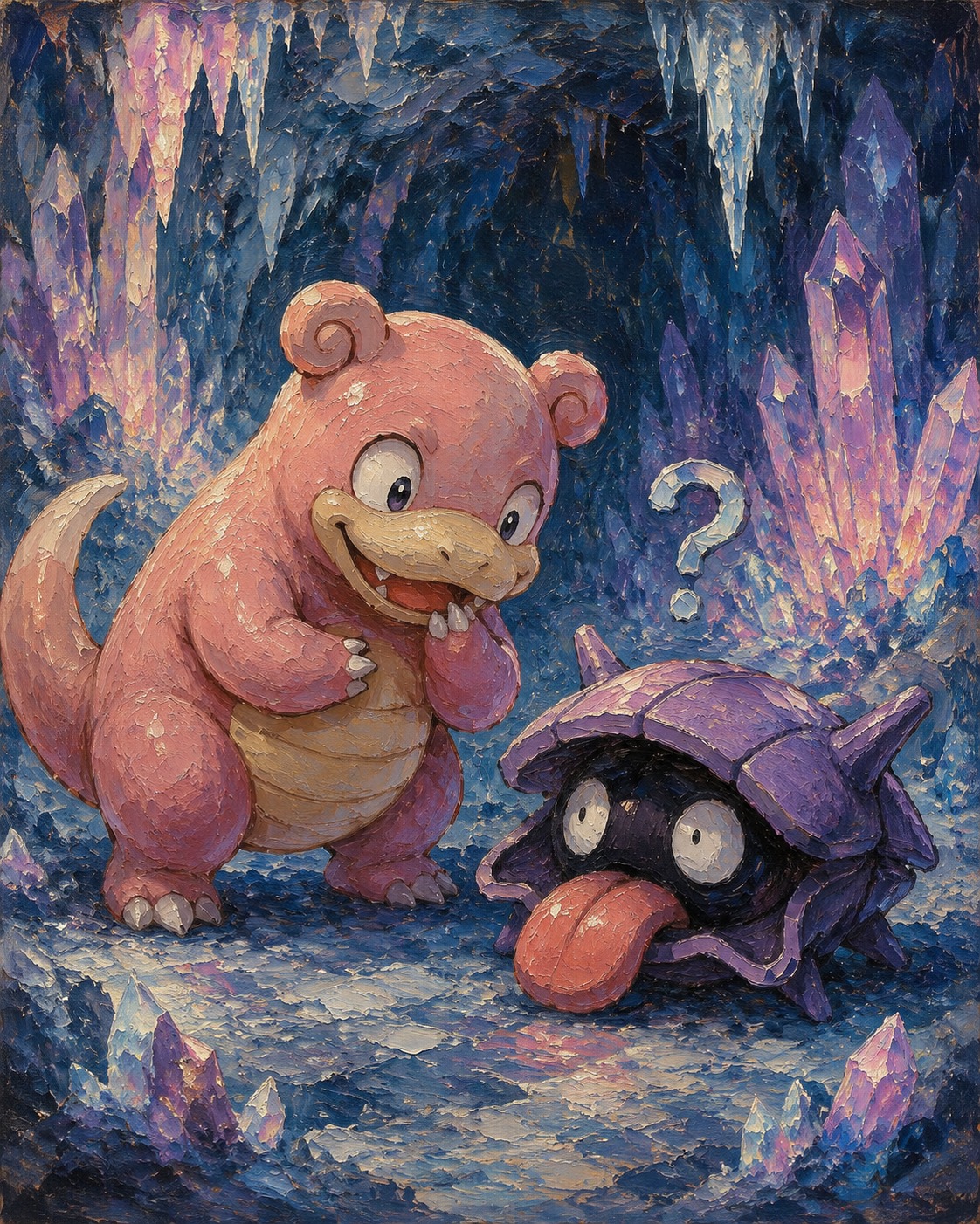 Investigating a confused shellder In a frozen cavern filled with glowing crystals (vintage oil painting with thick impasto strokes)