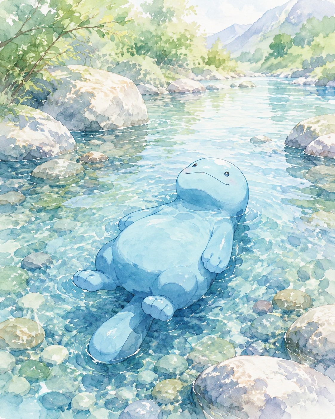 Floating belly-up with a blank stare In a crystal clear mountain stream (soft watercolor illustration with pastel tones)