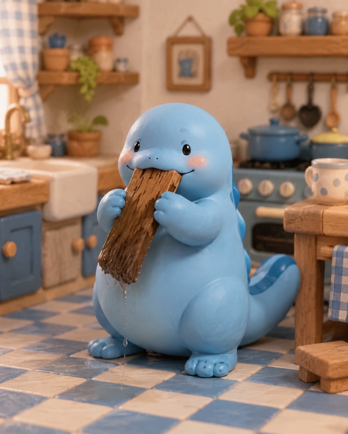 Nibbling on a soggy piece of driftwood In a cozy kitchen with checkered floors (cute 3D claymation aesthetic with soft textures)