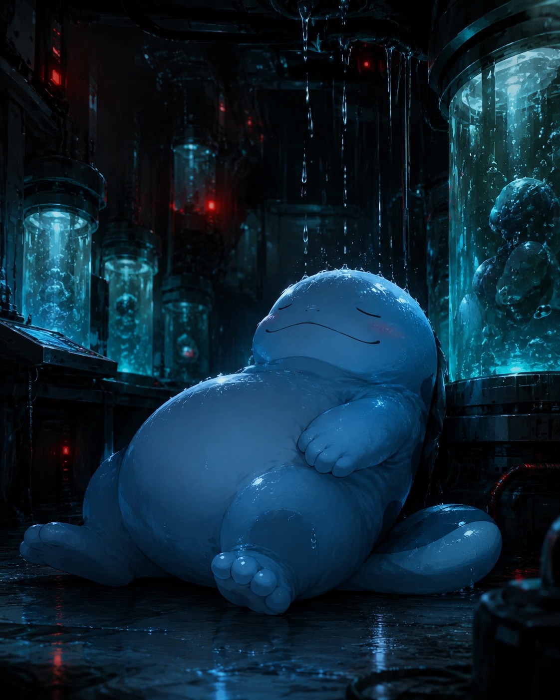 Sleeping soundly while rain drips on its head In a futuristic laboratory filled with bubbling vats (dramatic cinematic lighting with heavy shadows)
