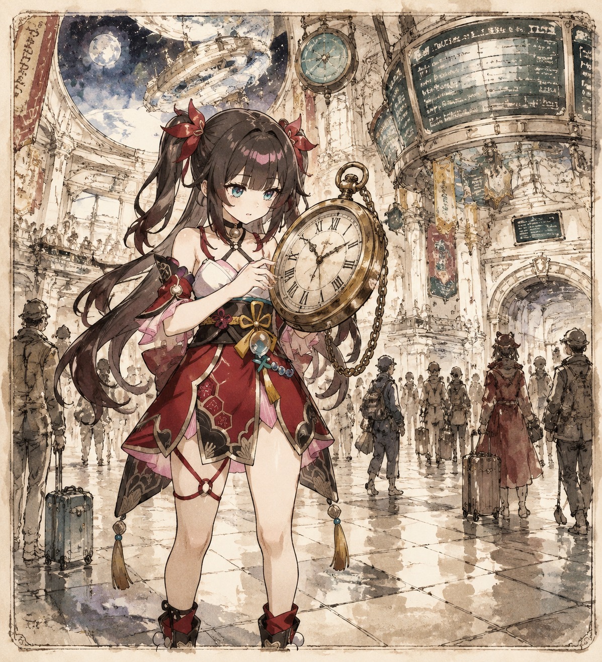 Checking a giant pocket watch In a bustling futuristic space station lobby (vintage storybook illustration, ink and wash)