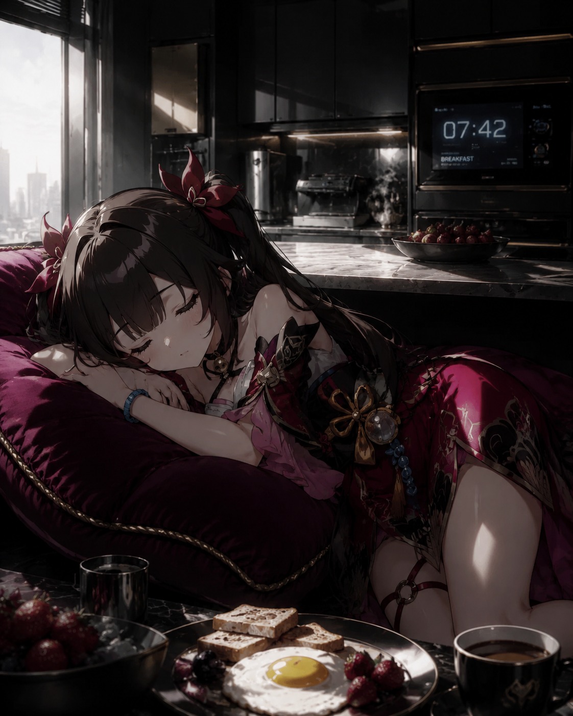 Napping on a velvet cushion In a high-tech kitchen during breakfast (cinematic noir, high contrast shadows)