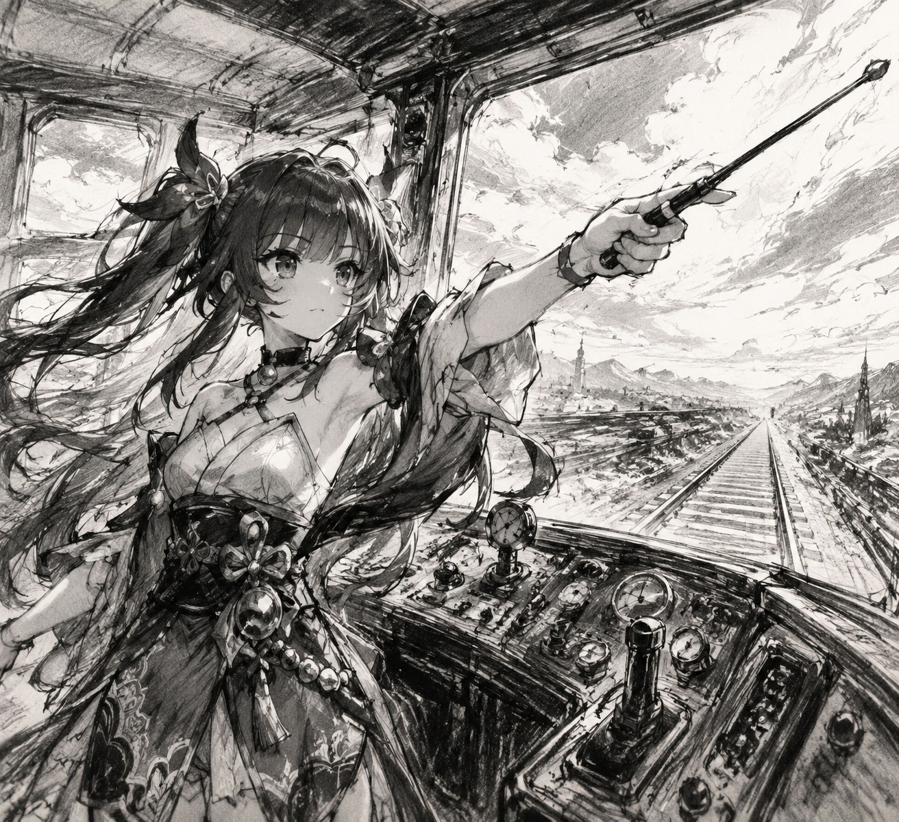 Pointing a conductor baton toward the horizon At the Parlor Car control panel (sketched charcoal drawing, expressive lines)