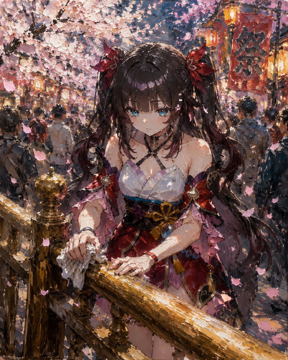 Polishing the golden handrails At a crowded festival with falling cherry blossoms (gritty oil painting, thick impasto strokes)