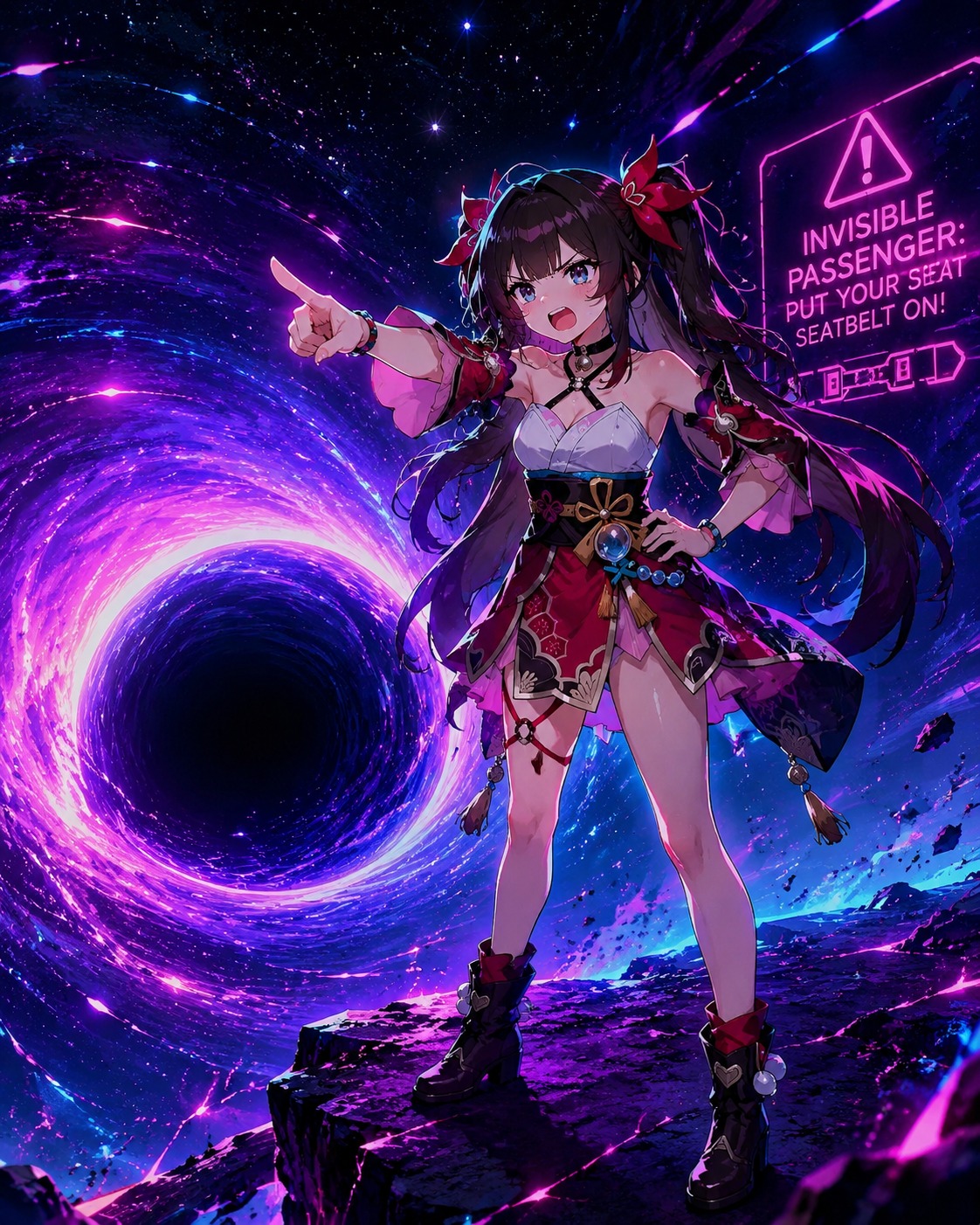 Scolding an invisible passenger At the edge of a swirling black hole (vibrant synthwave aesthetic, neon lighting)