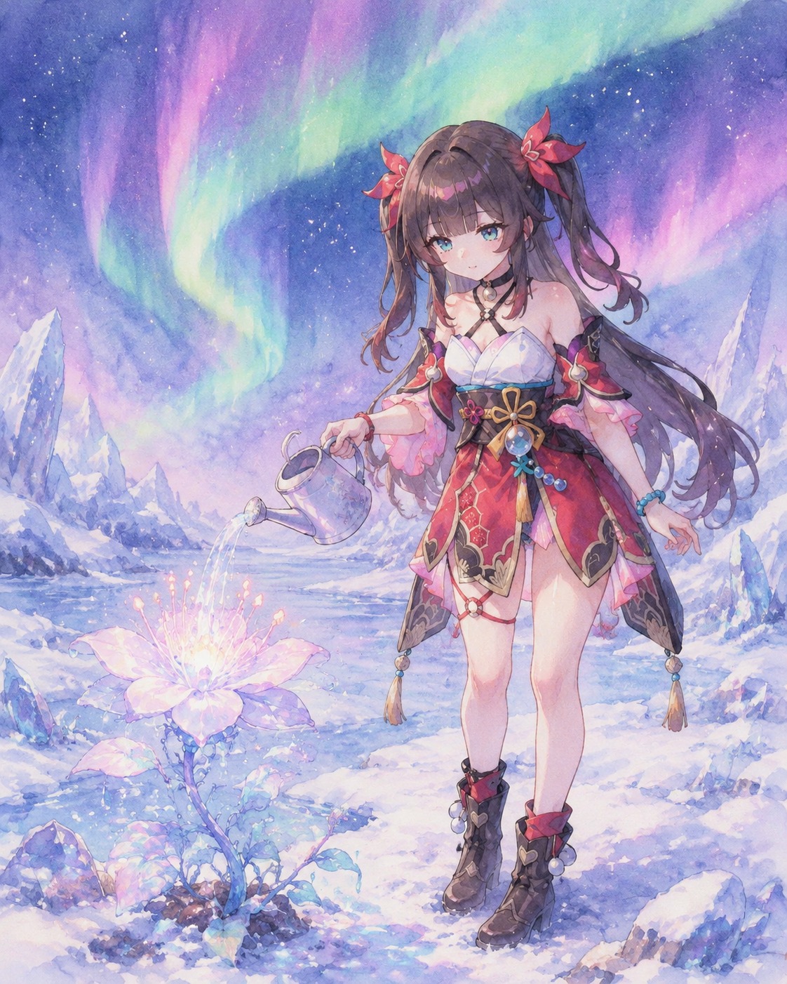 Watering a glowing extraterrestrial plant On a frozen tundra under aurora borealis (soft watercolor anime with pastel hues)
