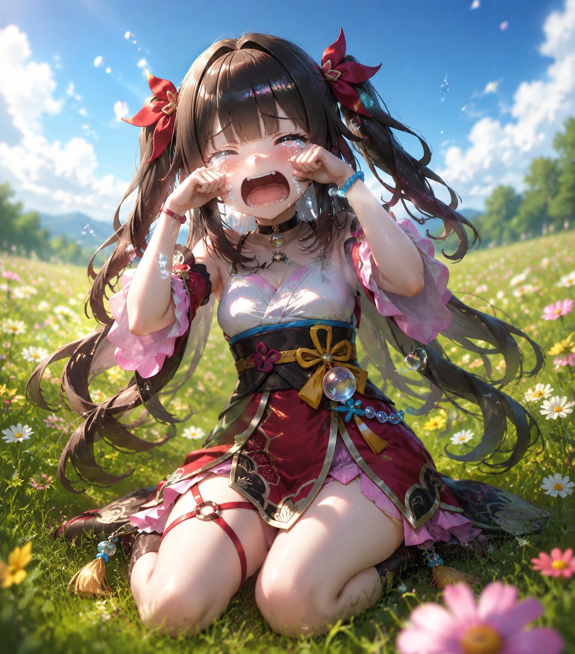 Weeping dramatically over a minor inconvenience In a sunny meadow filled with wildflowers (detailed 3D render, ray-traced lighting)