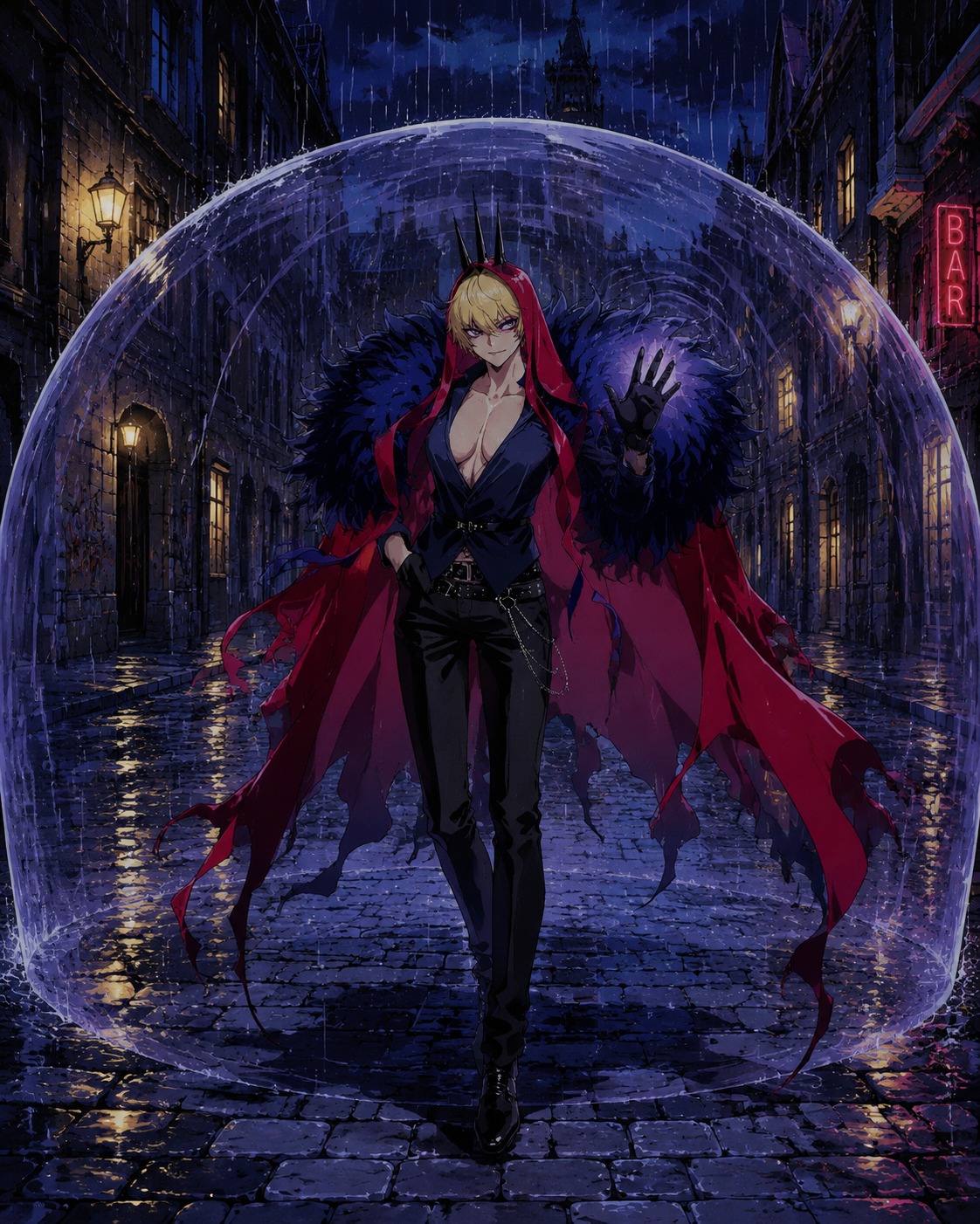 Activating a silent soundproof field On a cobblestone street in the pouring rain (retro 90s cel-shaded anime style)
