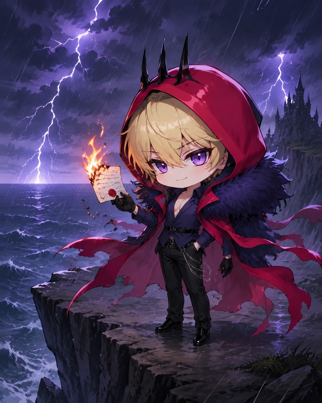Burning a secret letter On a windy cliffside during a lightning storm (playful chibi style with soft gradients)