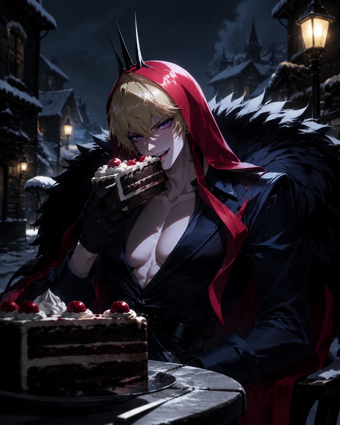 Eating a large slice of cake In a quiet snowy village at night (dramatic cinematic noir with sharp shadows)